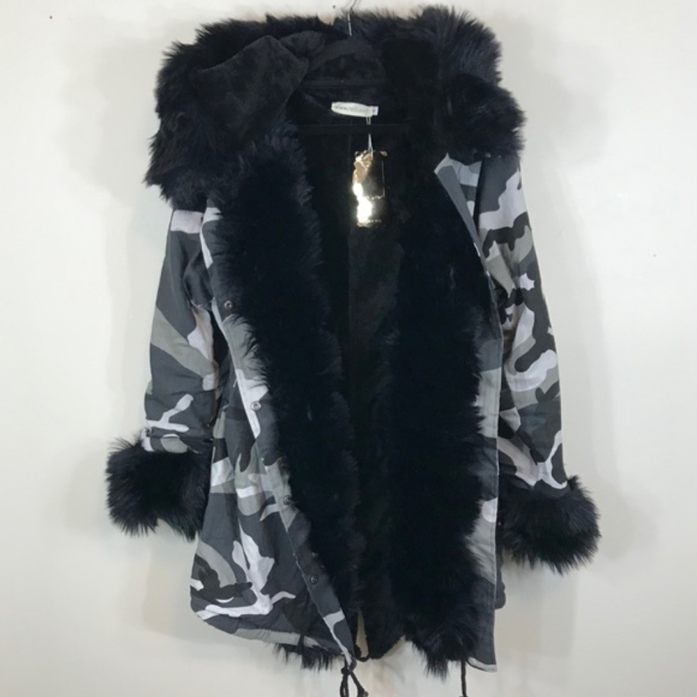 Faux Fur Hooded Camo Utility Jacket Winter Coat - Picture 2 of 4